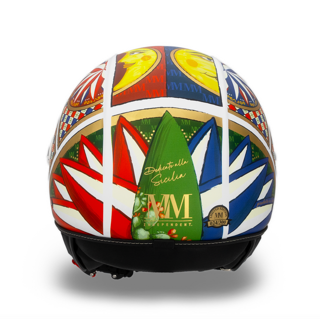 Casco jet artigianale Carretto Siciliano con motivi tradizionali siciliani e colori vivaci - vista posteriore