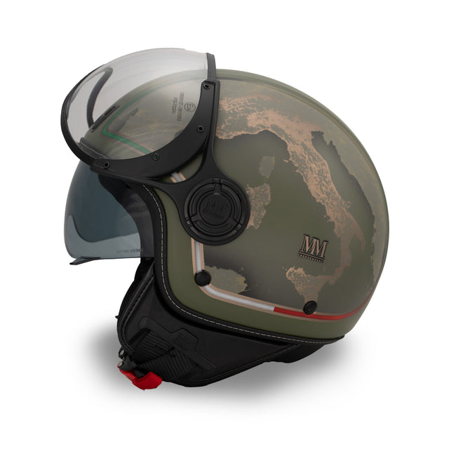 Casco jet Verde Avanguardia: acabados bronce, identidad italiana, carácter militar
