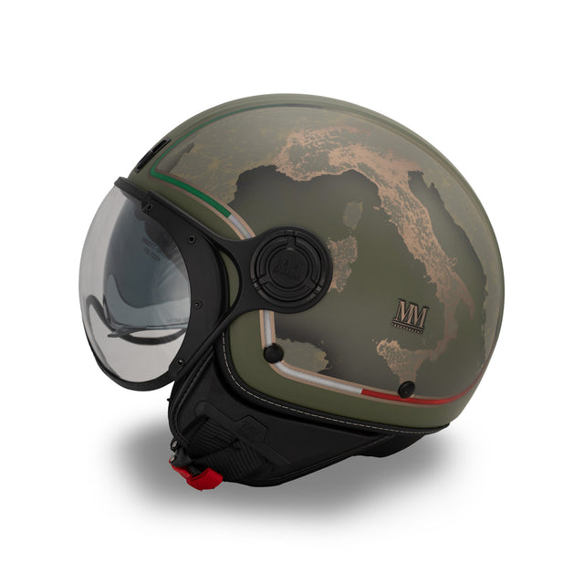 Casco jet Verde Avanguardia: acabados bronce, identidad italiana, carácter militar
