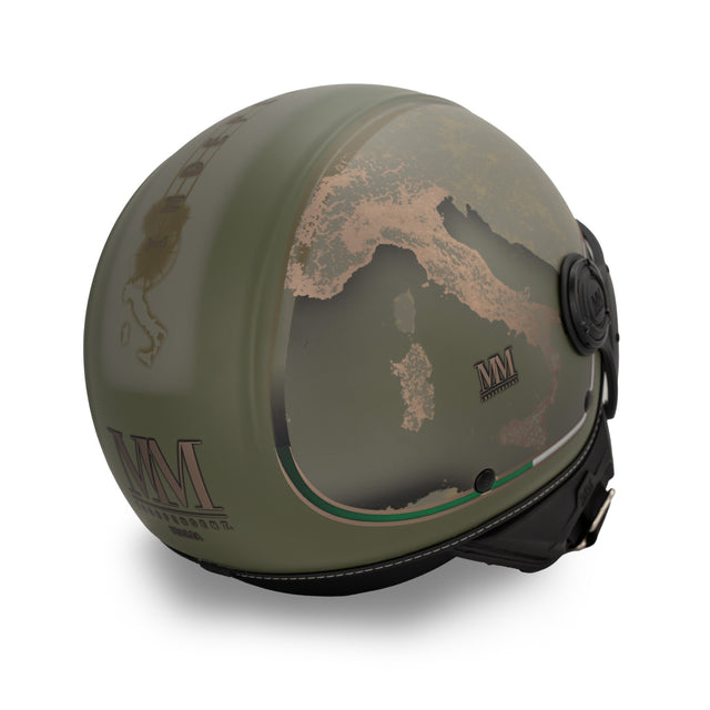 Casco jet Verde Avanguardia: acabados bronce, identidad italiana, carácter militar
