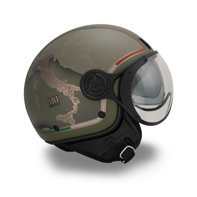 Casco jet Verde Avanguardia: acabados bronce, identidad italiana, carácter militar
