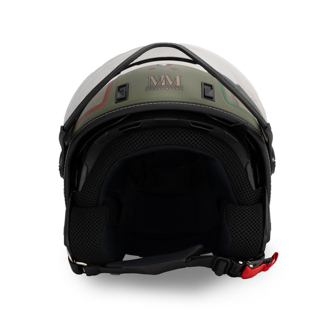 Casco jet Verde Avanguardia: acabados bronce, identidad italiana, carácter militar
