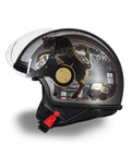 Casco jet artigianale Torino con Mole Antonelliana, finiture dorate e paesaggi alpini in bianco e nero - vista laterale con visiera alzata