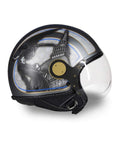 Casco jet grigio metallizzato con toro araldico, Mole Antonelliana e linee rosse e blu ispirate a Torino - vista laterale