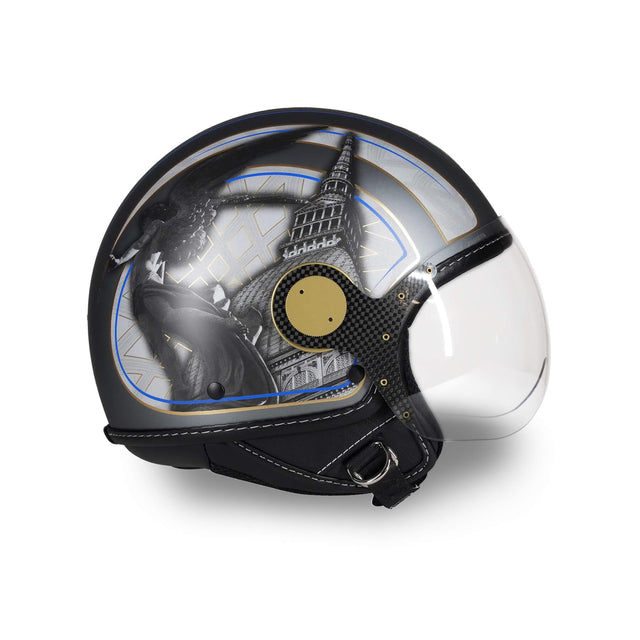Casco jet grigio metallizzato con toro araldico, Mole Antonelliana e linee rosse e blu ispirate a Torino - vista laterale