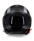 Casco jet Torino in ABS con supporti in carbonio aeronautico e finiture rifrangenti ad alta visibilità - vista frontale con visiera abbassata